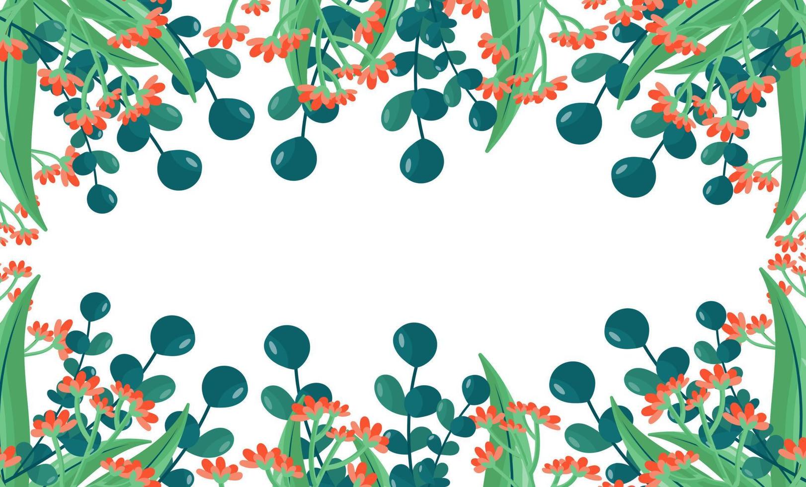 Plants minimalist vector banner. Hand drawn floral, grass, branches, leaves on a white background. Green simple horizontal pattern. Simple flat style. All elements are isolated and editable