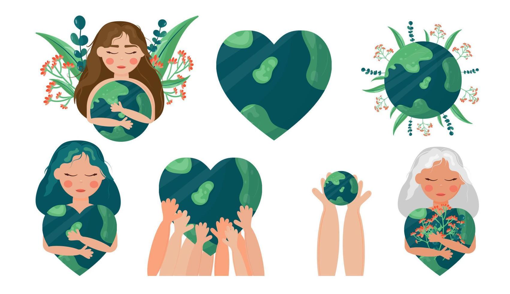 Earth Day is April 22. International Mother Earth Day. Environmental problems and environmental protection. Vector illustration in cartoon style, botanical elements. For stickers, posters, postcards.