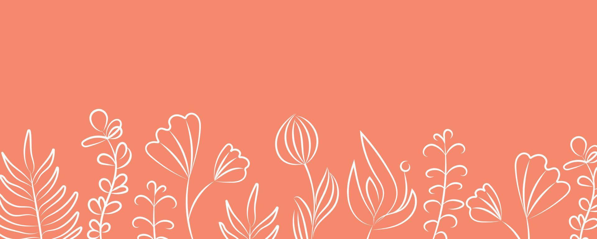 Vector linear abstract banner. Wallpaper in a minimalist style for spring and summer with botanical leaves and flowers, organic shapes. For poster, poster, background, postcard, website and packaging.