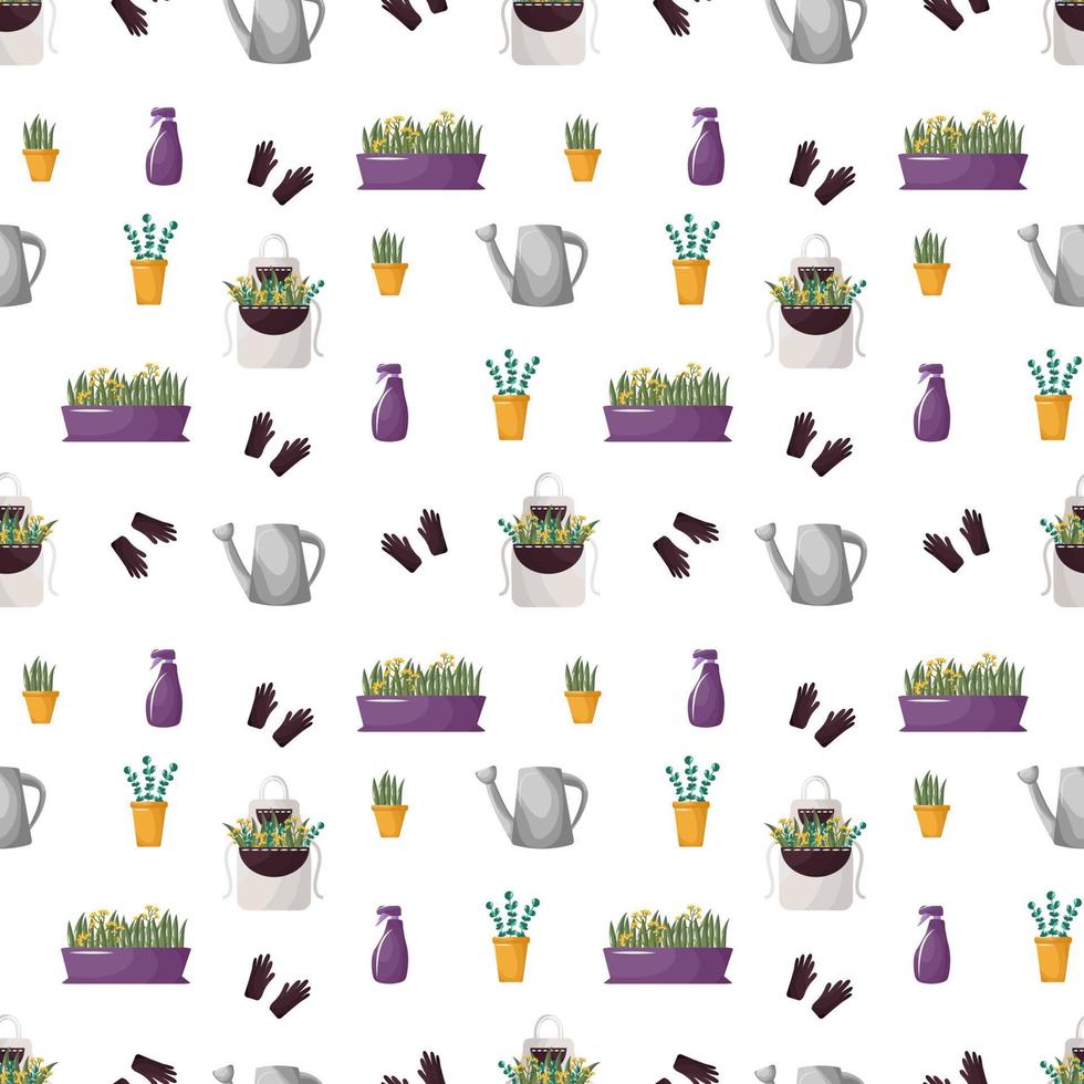 Cute spring pattern of garden tools. Elements for planting indoor plants, seedlings, herbs, apron, pots, watering can, wheelbarrow with flowers. Vector set, icons, stickers home garden.