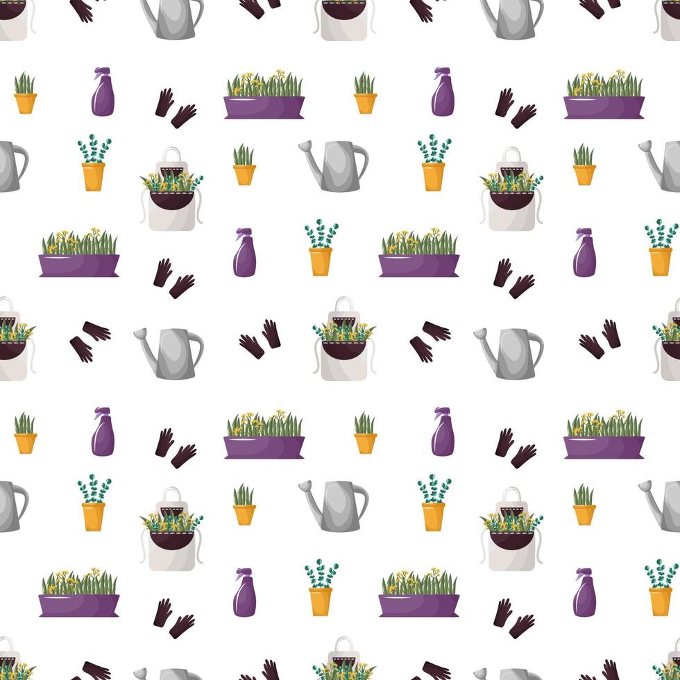 Cute spring pattern of garden tools. Elements for planting indoor plants, seedlings, herbs, apron, pots, watering can, wheelbarrow with flowers. Vector set, icons, stickers home garden.