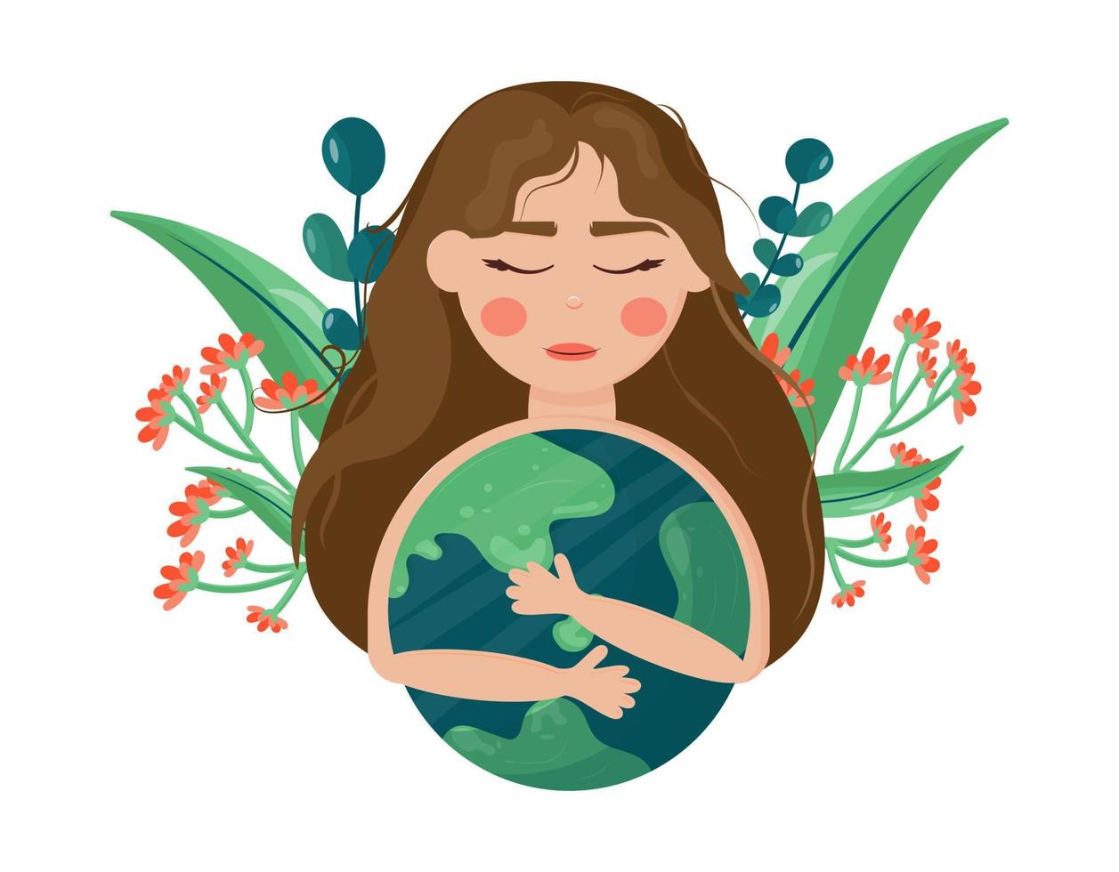 el día de la tierra es el 22 de abril. la chica de la pancarta abraza el mundo. día internacional de la madre tierra. protección del medio ambiente. ilustración vectorial en estilo de dibujos animados. Para imprimir pegatinas, carteles, postales. vector