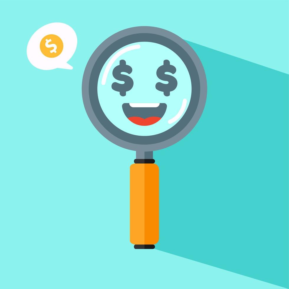 Cute Magnifying Glass Vector Icon Illustration. Searching Items with Smile Face In Magnifying Glass White Isolated. Flat Cartoon Style Suitable for Web Landing Page, Banner, Flyer, Background