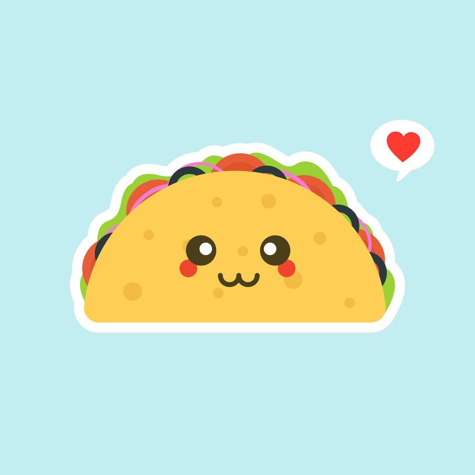 Vector illustration with mexican tacos kawaii food. The tortilla is going to tacos. Cute cartoon illustration isolated on color background.