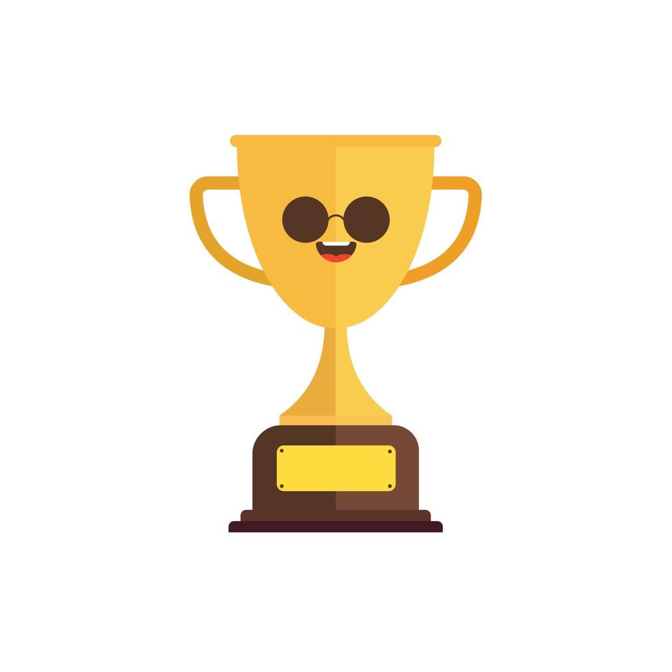 Kawaii and Cute Gold Trophy Vector Icon Illustration. Golden Goblet With Kawaii Face Sport Icon Concept White Isolated. Flat Cartoon Style Suitable for Web Landing Page, Banner, Sticker, Background