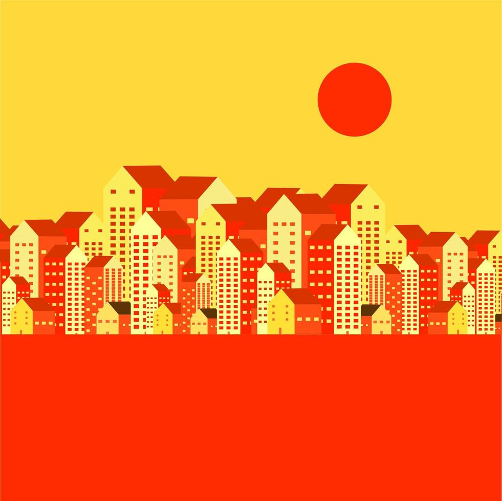 ilustración de vector de diseño plano de ciudad o paisaje urbano. escena sobre el edificio del paisaje urbano con sol por la tarde. papel pintado, ambiental, calentamiento global, problema de contaminación, térmica, cambio climático, póster