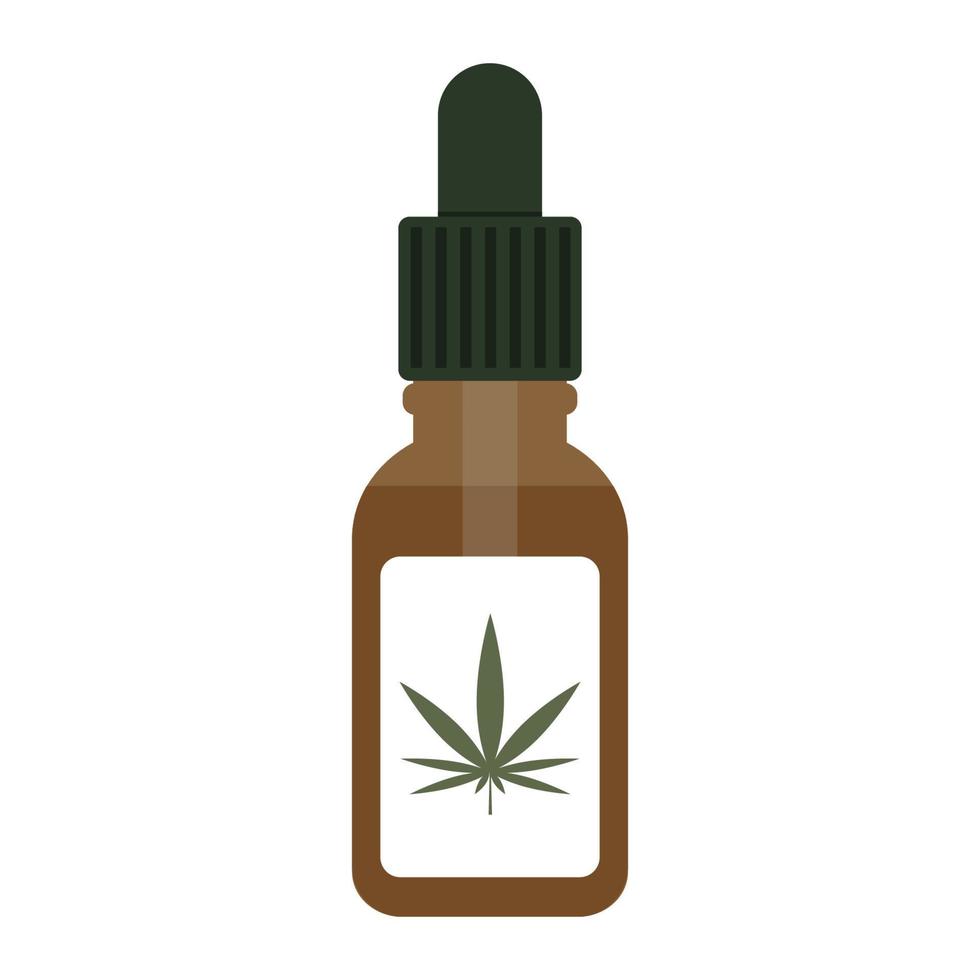 Brown glass bottle with hemp oil. Dropper with CBD oil flat vector illustration. Cannabis oil extracts in jar icon. Extracted marijuana oil medication symbol. Medical marijuana concept