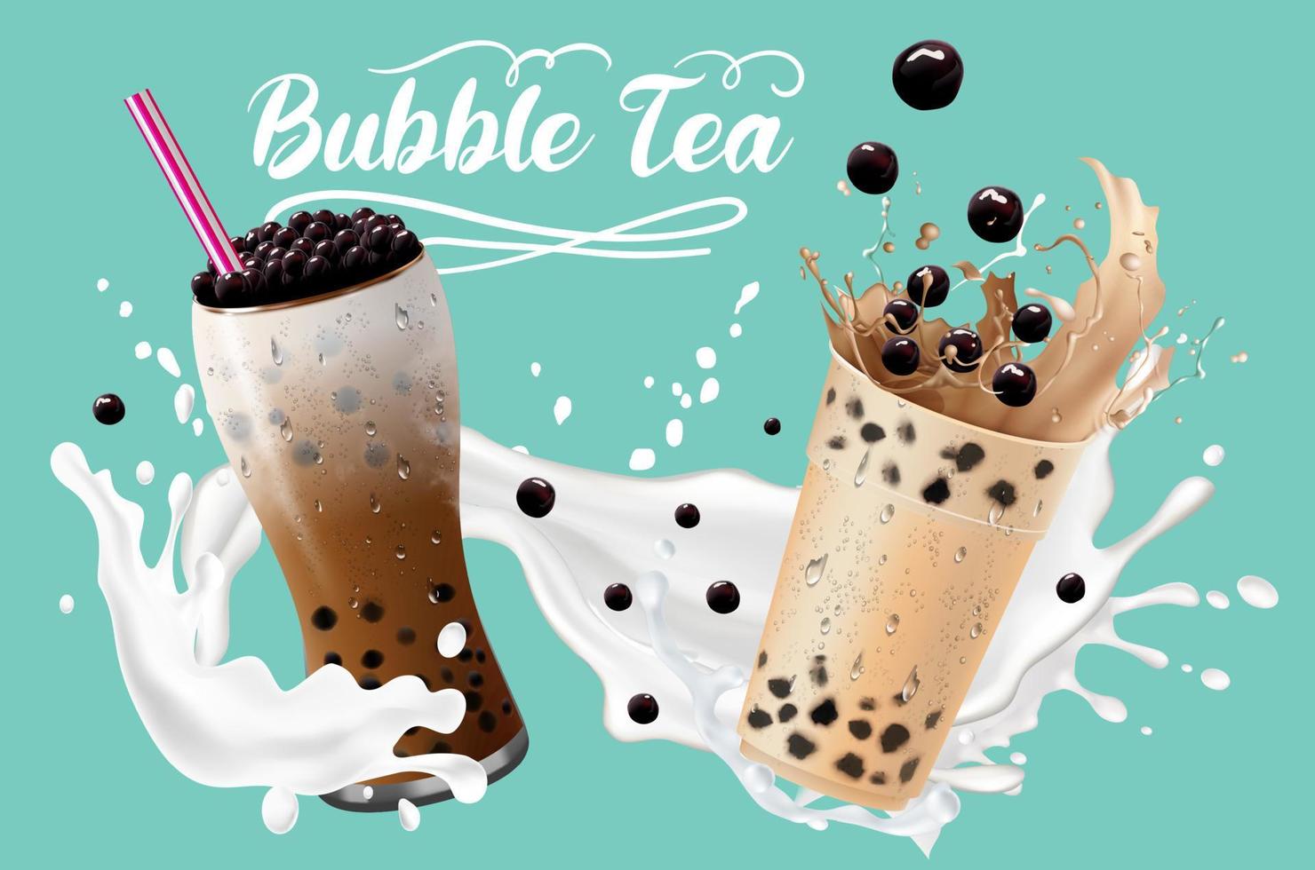 té con leche de burbujas, té con leche de perlas, diferentes tipos de boba. deliciosas bebidas. vector