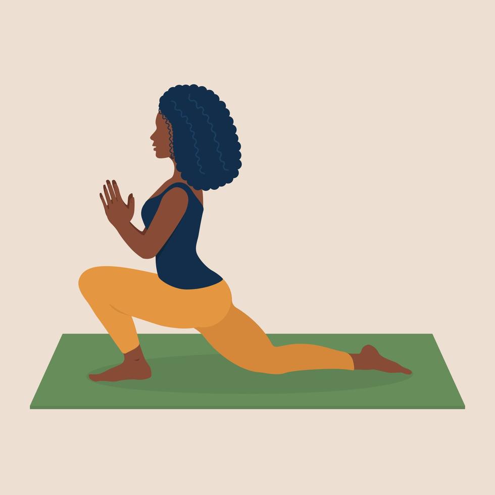 Young black woman doing yoga exercise on mat in home. Beautiful black woman with lush hair is engaged in sports. Yoga at home. Gentle background. Healthy lifestyle vector