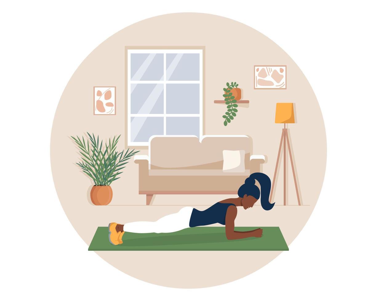 Young black woman does yoga exercises, stands in plank on mat in interior of house. Sport exercise at home. Healthy Daily Life concept. Yoga at home vector