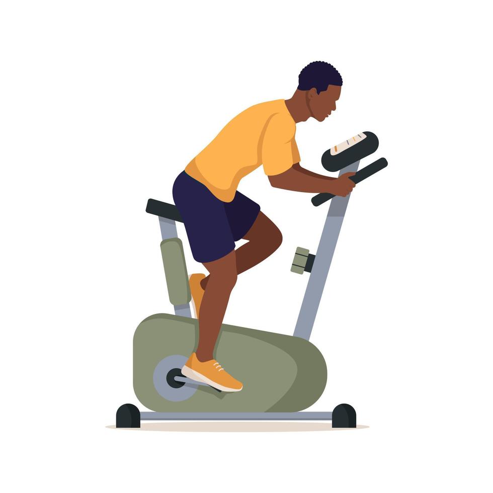 Black male on exercise bike, isolated on white background. Sports, Workout at home or in gym. Riding indoors sport exercise bicycle. Cardio fitness training equipment. Side view vector