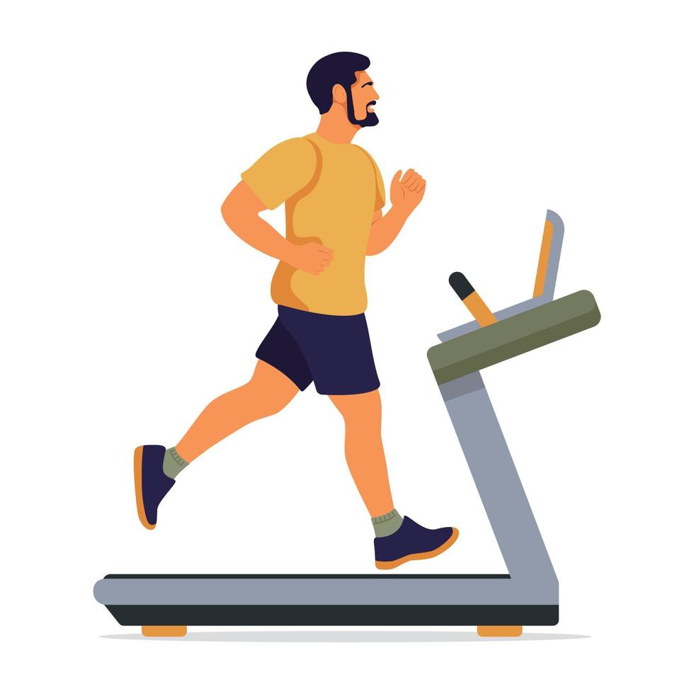 Sporty man on treadmill, isolated on white background. Sports, Workout at home or in gym. Running, walking on simulator indoors. Cardio fitness training equipment. Side view vector