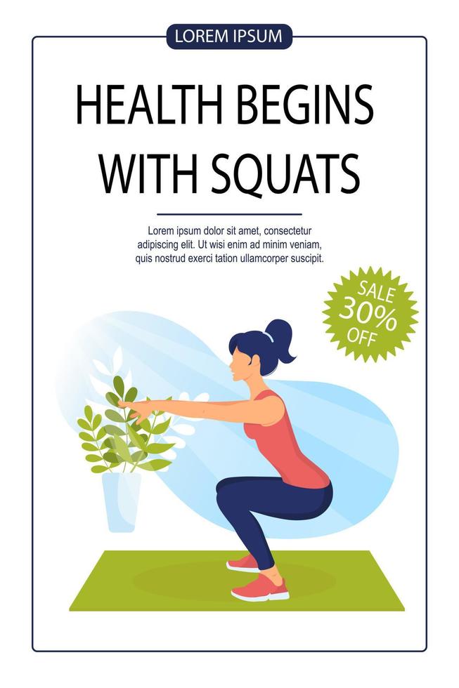 Sporty woman does squats. Fitness training advertising banner. Sit-ups, Healthy Lifestyle, Gym, Fitness, Training concept vector