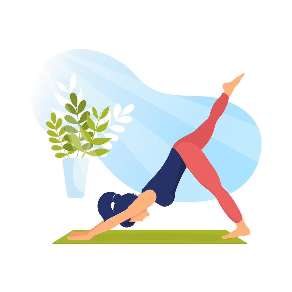 Womens yoga. Sporty young woman does sports at home on mat. Healthy lifestyle. Fashionable flat isolated vector illustration for poster, banner, postcard, cover. Stay at home