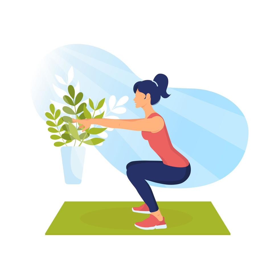 Young Woman in sportswear doing squats on mat. Sport, Fitness, Aerobic, workout and exercise in gym or home. Concept Healthy lifestyle vector