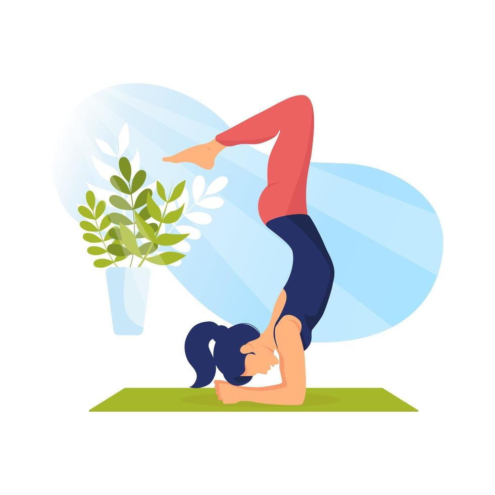 Young girl plays sports on mat home. Beautiful white woman stands upside down, performs handstand. Concept Healthy lifestyle vector
