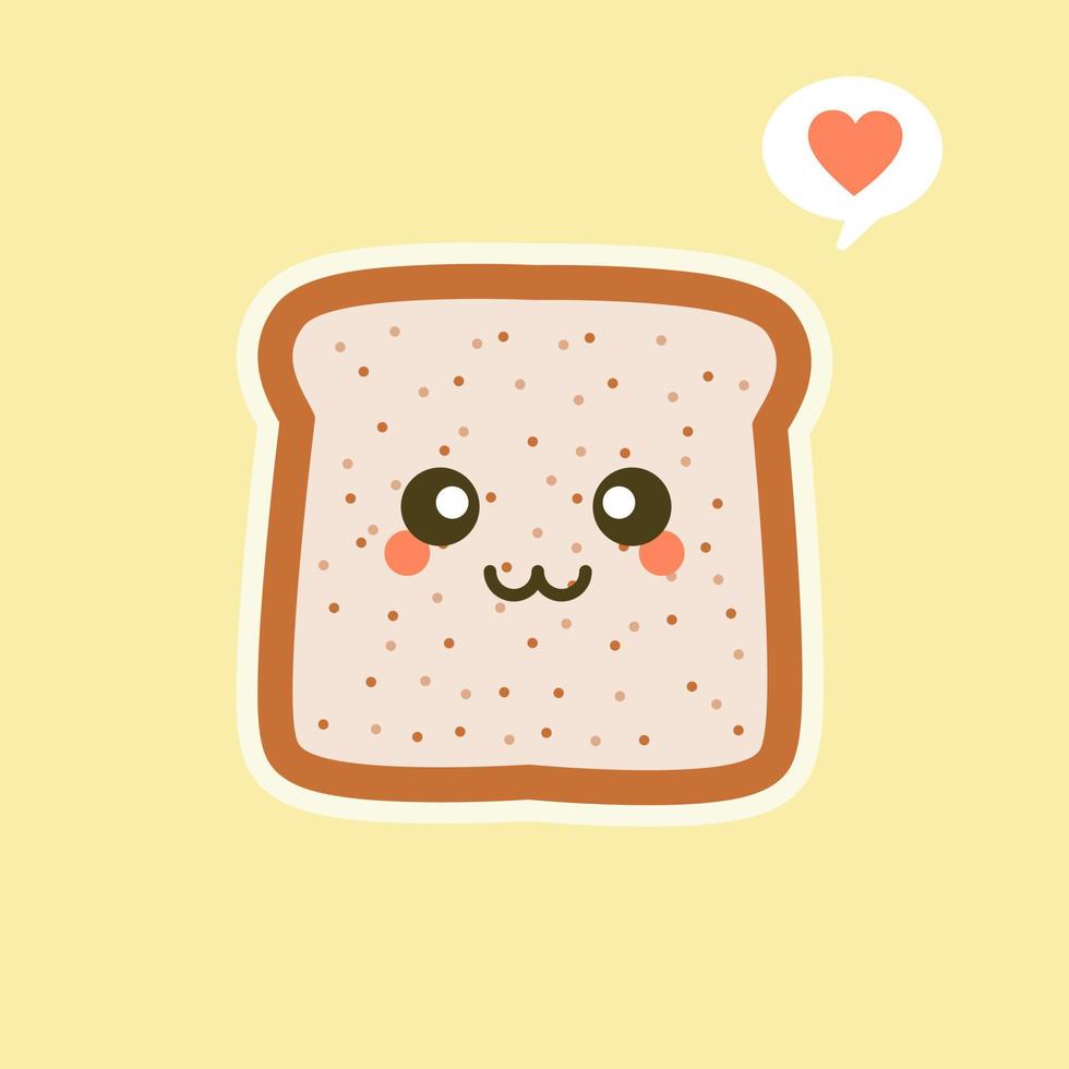 Vector divertido dibujo animado lindo pan rebanado personaje aislado sobre fondo de color. mascota de la etiqueta de panadería. icono de ilustración de personaje de caricatura plana vectorial. tostadas, tarjeta de buenos días, concepto de desayuno