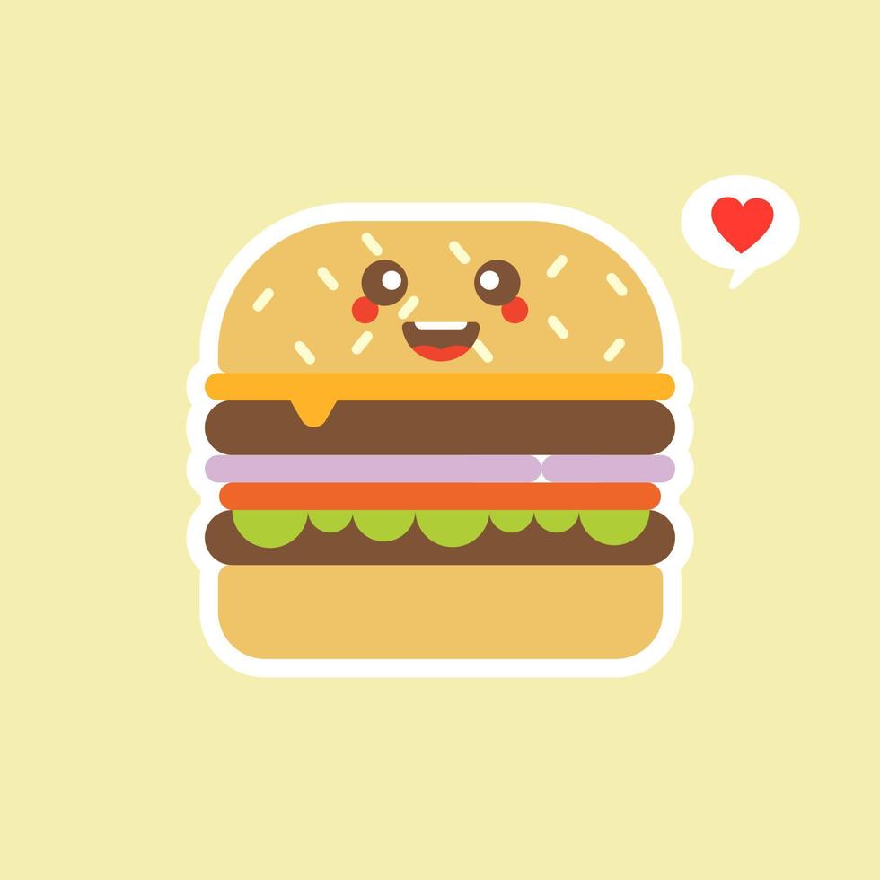 Happy smiling funny cute burger. Vector flat cartoon character illustration icon design. Isolated on color background. Burger, fast food cafe, junk food, restaurant, resto