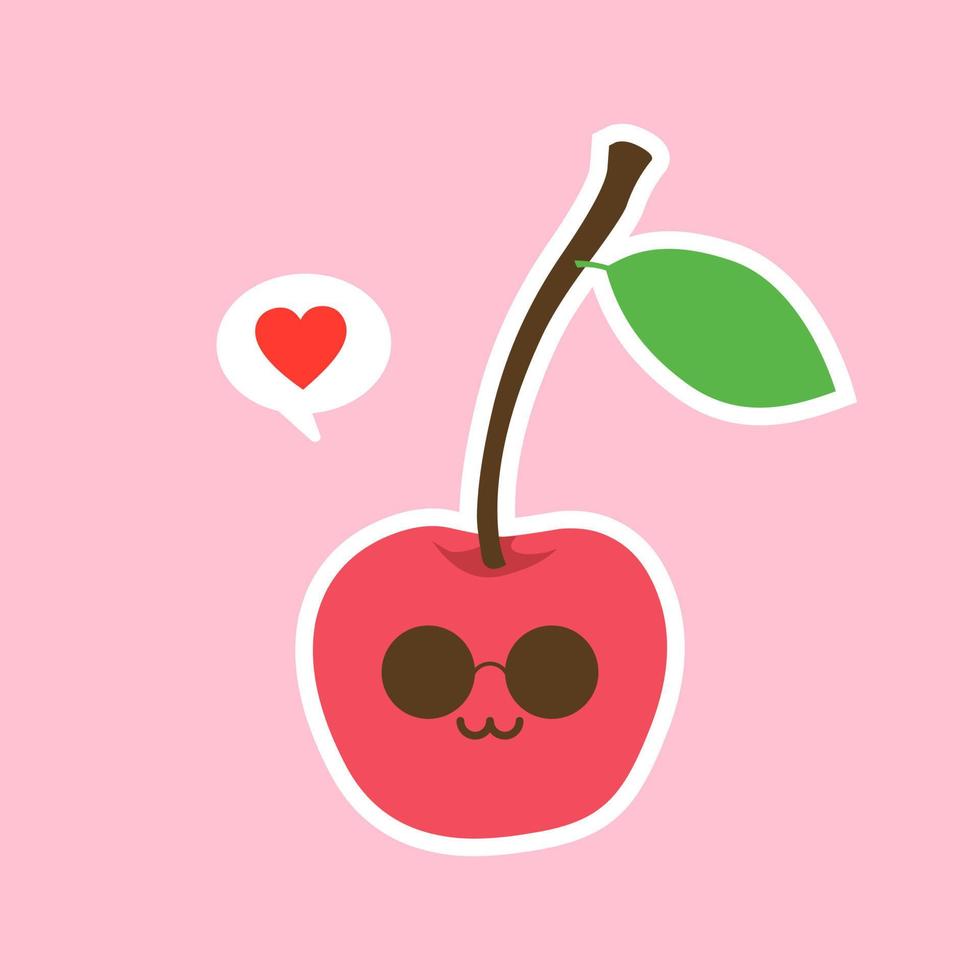 Kawaii cherry vector icon. Juicy berry illustration isolated on color background. Cherries fruit stylized modern trendy flat design, simple sign, logo. Noise texture shadow. Vegetarian organic food