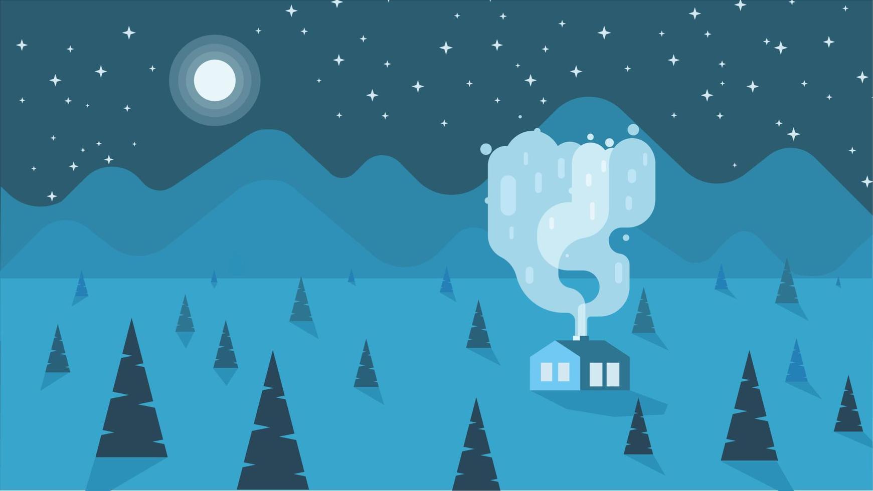 Mountains and hills at night landscape flat design. A mountain group and hills at night- Flat design landscape, Hill background with house at full moon can use for wallpaper, background, card, website vector