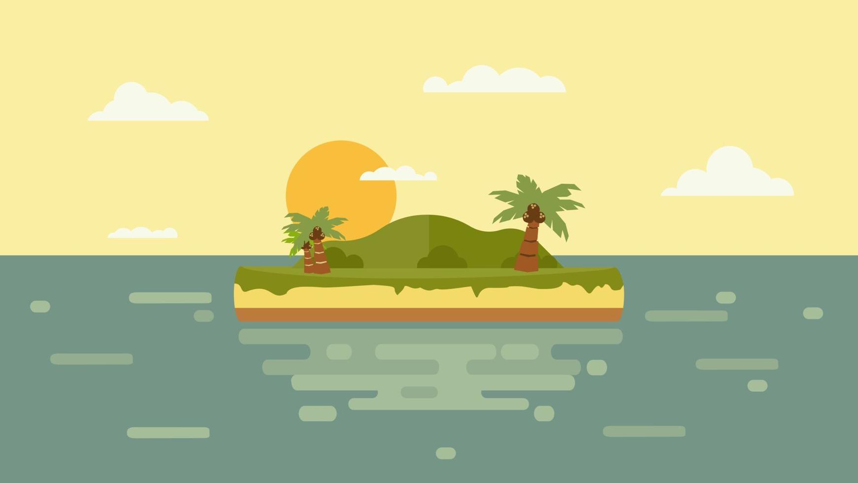 Cartoon view of the island in the sea with mountain landscape with yellow sun with trees on the hills and snow on the peaks under a blue sky with clouds flat design vector illustration