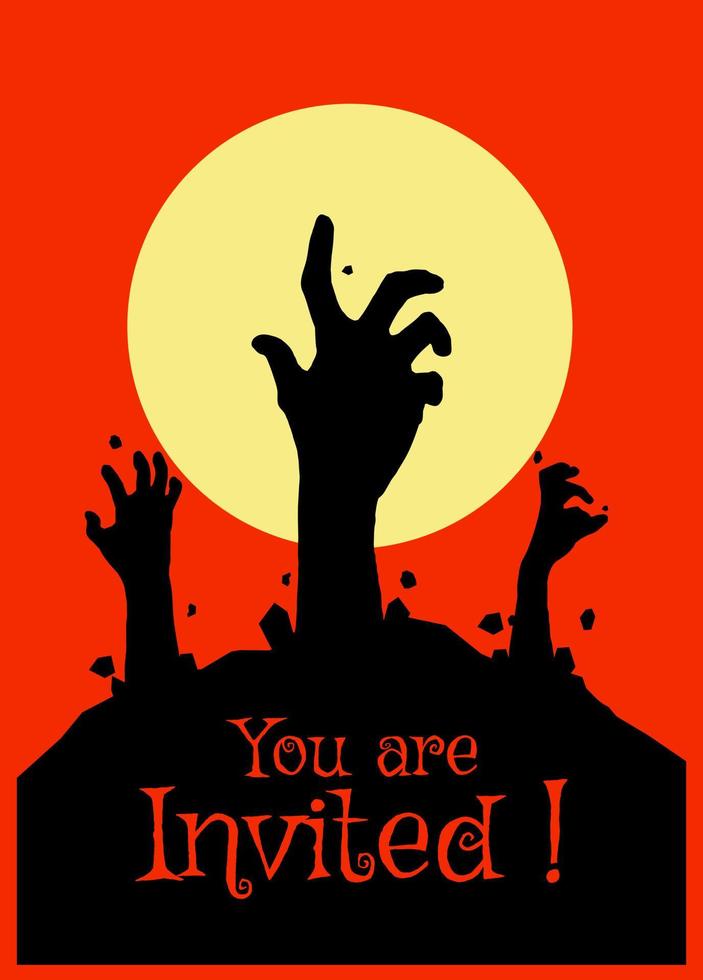 Vector illustration, Flat Style, Horror halloween background, silhouette of zombie hands come out of the ground or the cemetery on top there is a full moon