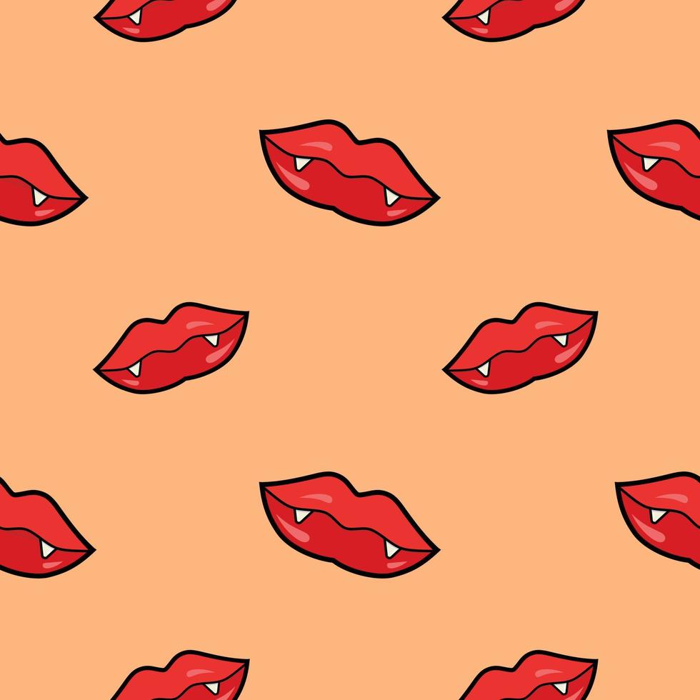 labios femeninos rojos con colmillos de vampiro patrón sin fisuras aislado sobre fondo blanco, ilustración. patrón para halloween. labios de drácula vector