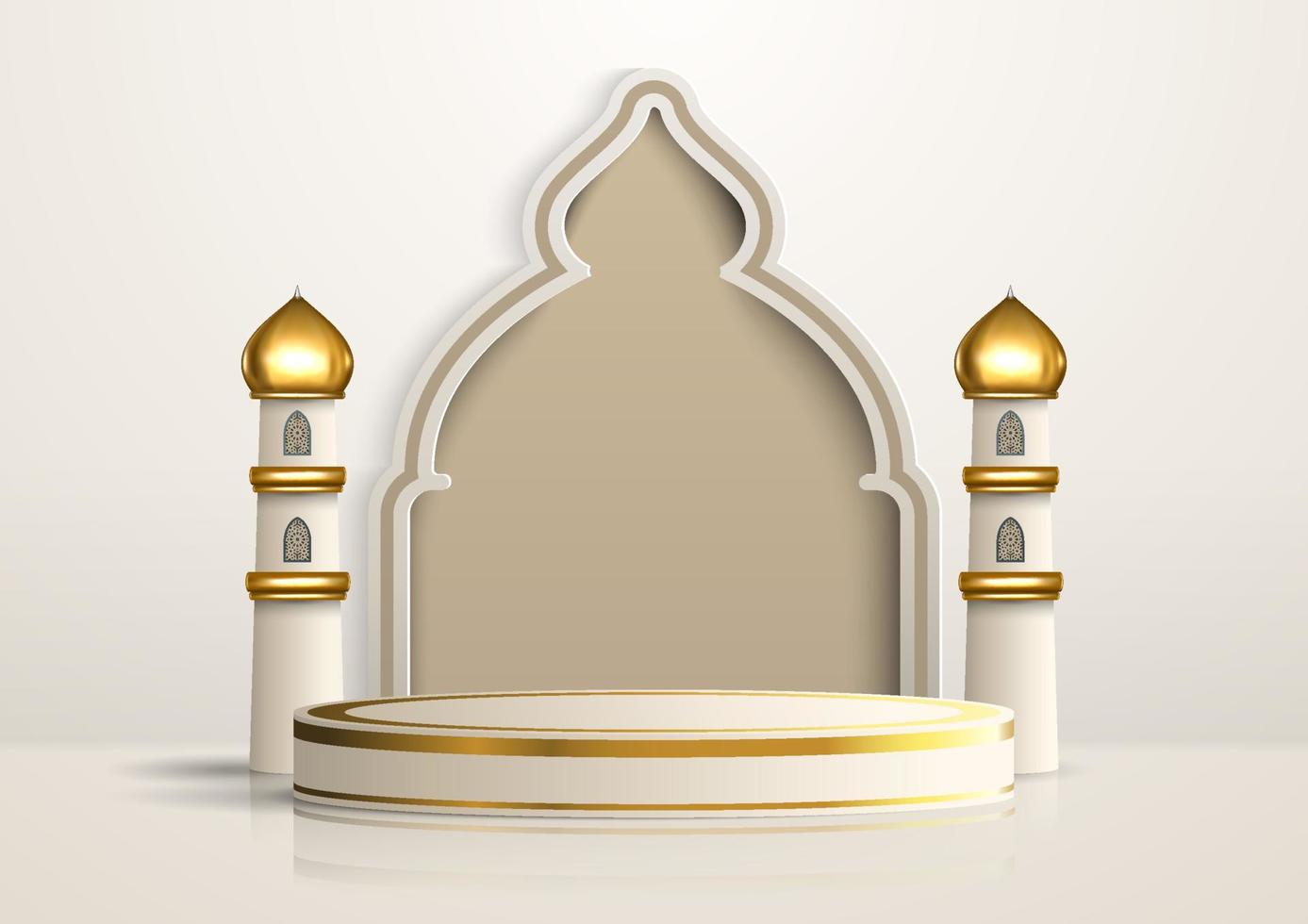 Realistic Islamic product display podium with mosque gate and golden minarets in white background. 3D Islamic illustration for advertising, sales, and online shopping. Bright pedestal design vector