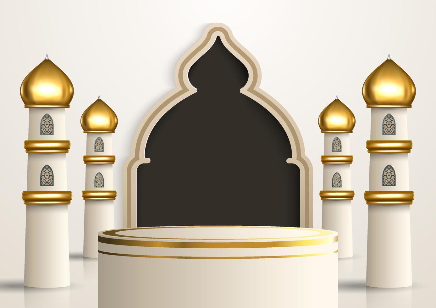 Realistic Islamic product display podium with mosque gate and golden minarets in white background. 3D Islamic illustration for advertising, sales, and online shopping. Bright pedestal design vector