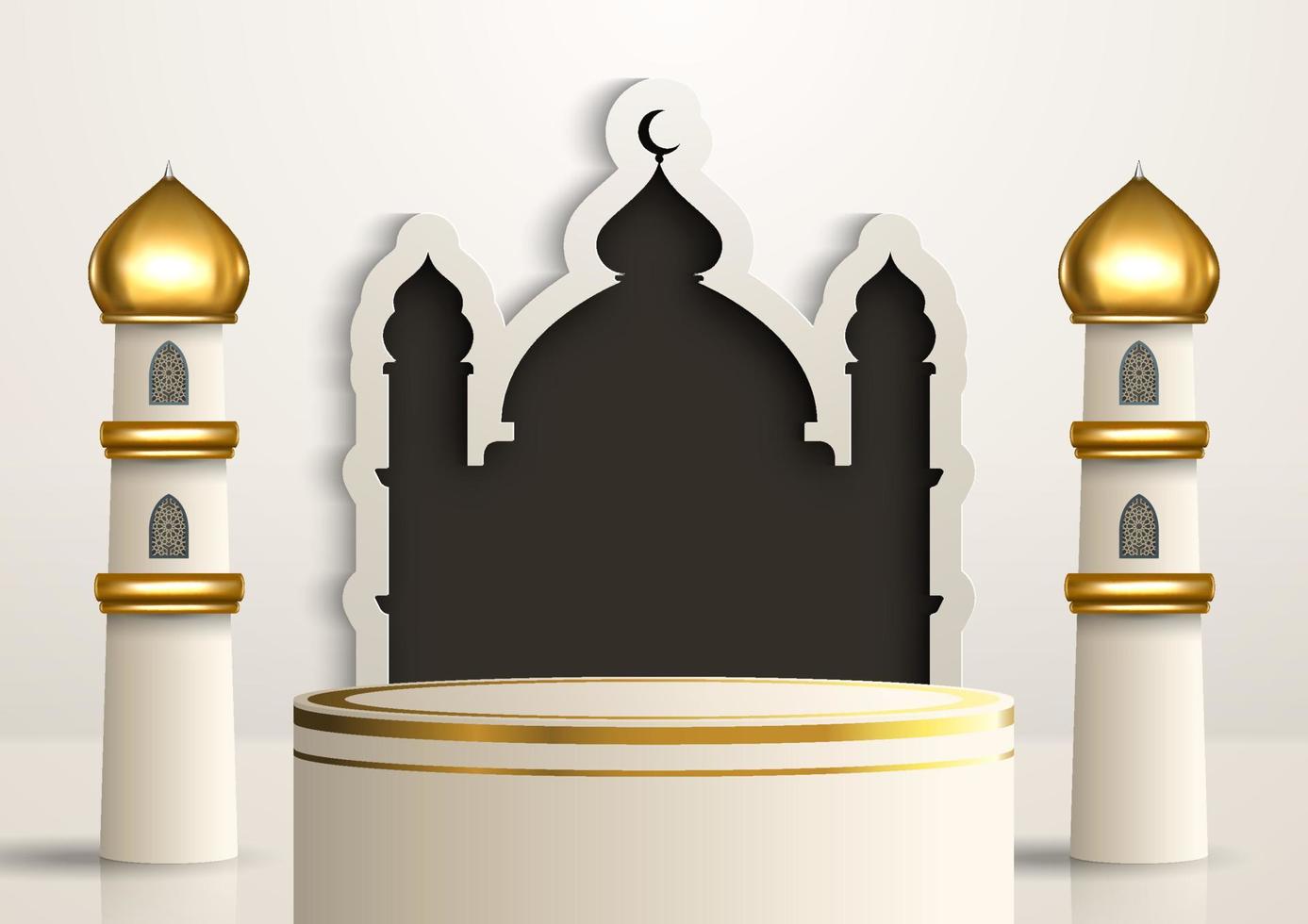 Realistic Islamic product display podium with mosque frame and golden minarets in white background. 3D Islamic illustration for advertising, sales, and online shopping. Bright pedestal design vector