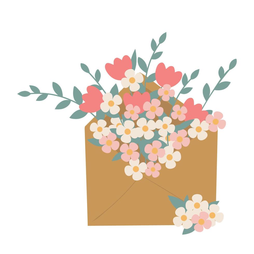 ilustración de un hermoso sobre con flores. lindo garabato vectorial, tarjeta de felicitación. una rama con flores en un sobre cerrado. papel artesanal, hola primavera. vector