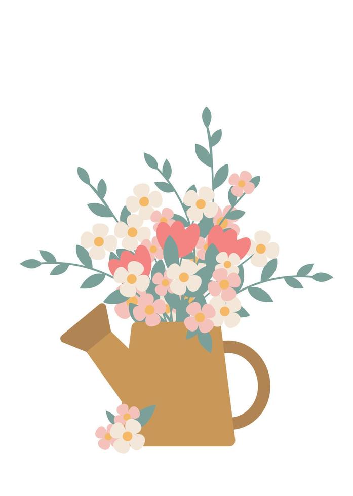 Hand drawn Cute Spring flower bouquet in watering can illustration vector