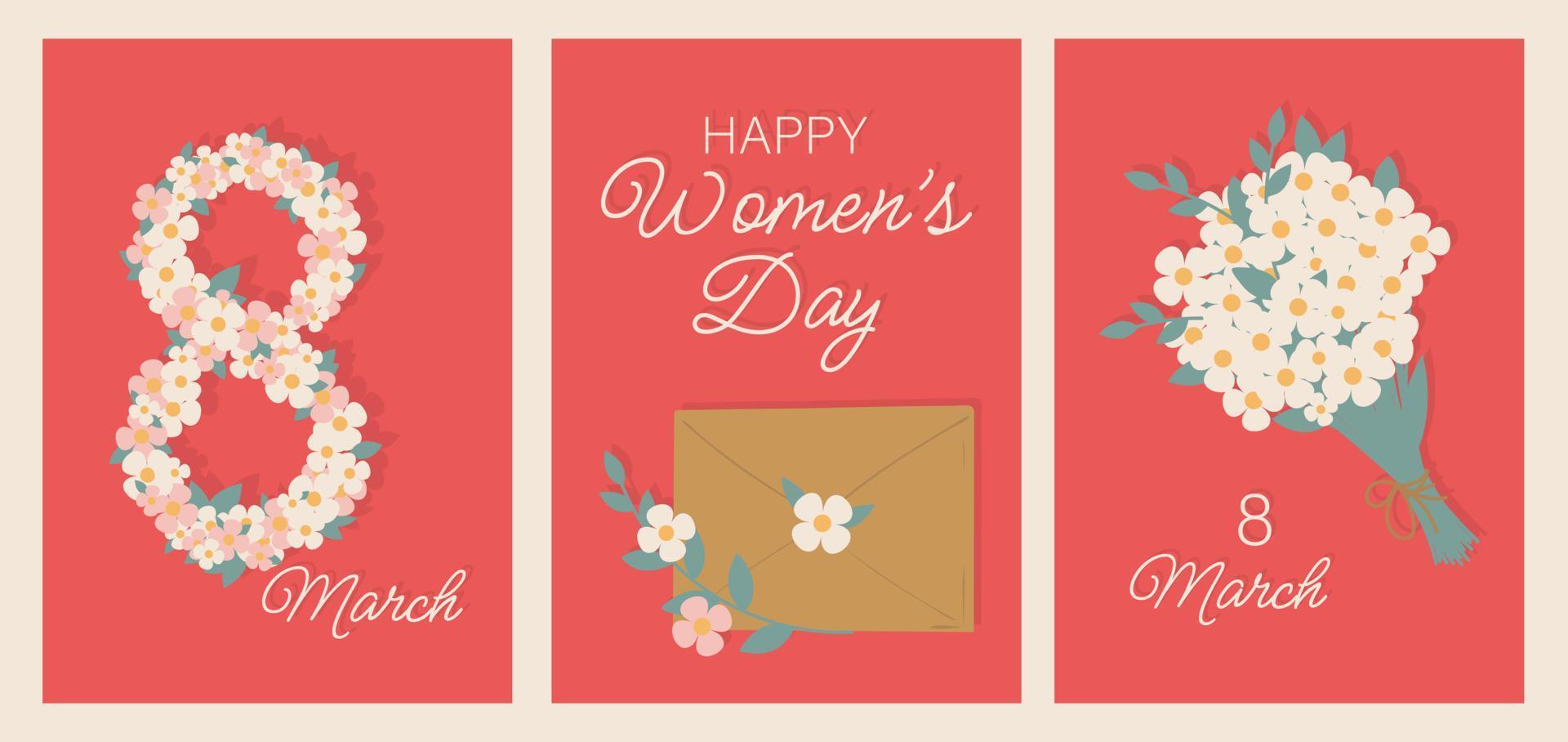 Collection of templates for greeting cards or postcards with a bouquet of flowers, an envelope and a wish for a happy women's day. Modern holiday illustration for 8 March holiday. vector