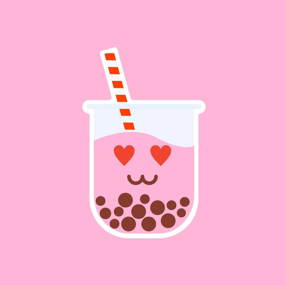 lindo té de leche con burbujas de boba con tapioca. té de leche de perlas, perlas negras deliciosas es famoso en Taiwán. bebida popular. boceto de ilustración vectorial. caricatura de personaje linda pegatina. emoji de dibujos animados kawaii. vector