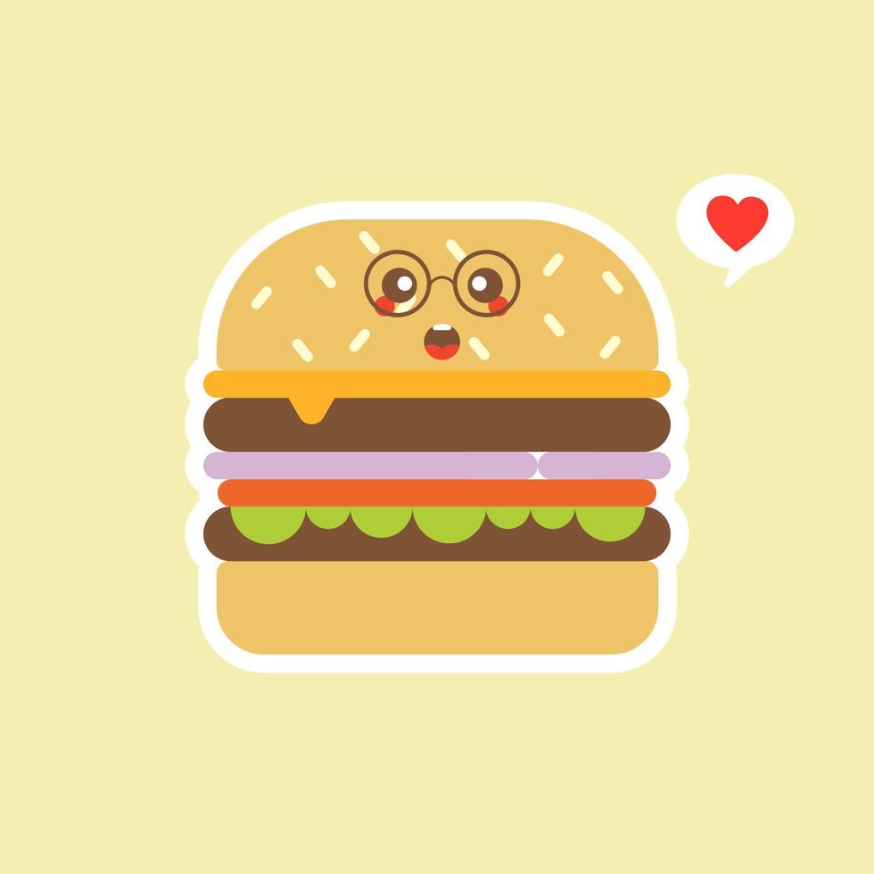 Happy smiling funny cute burger. Vector flat cartoon character illustration icon design. Isolated on color background. Burger, fast food cafe, junk food, restaurant, resto