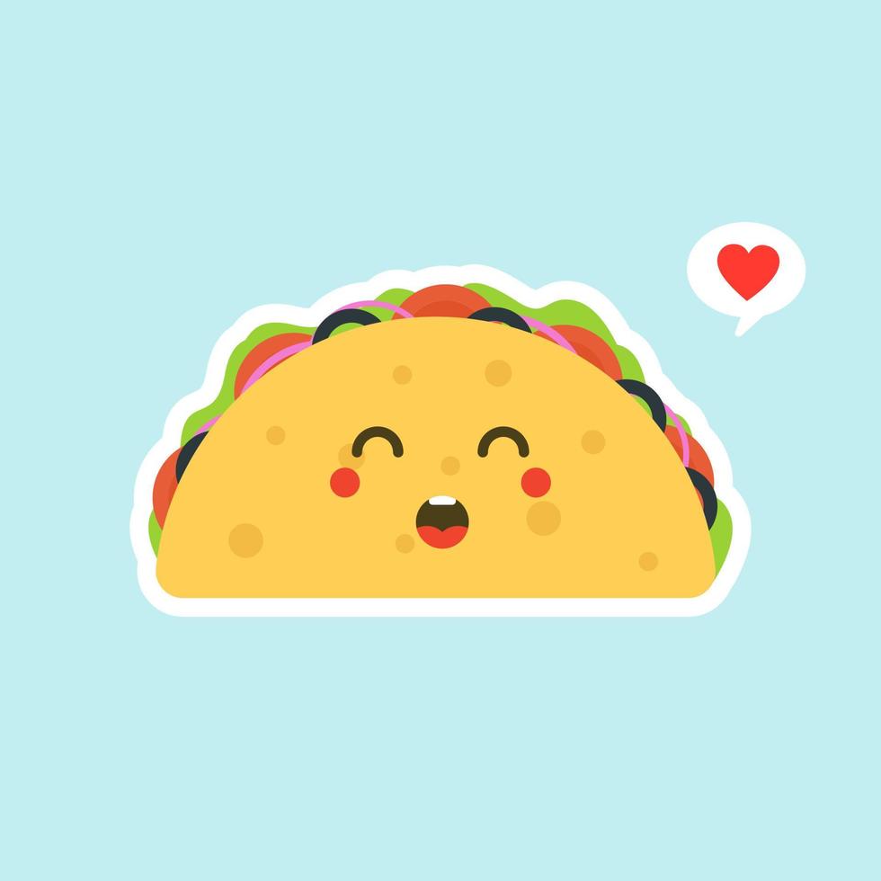 Vector illustration with mexican tacos kawaii food. The tortilla is going to tacos. Cute cartoon illustration isolated on color background.