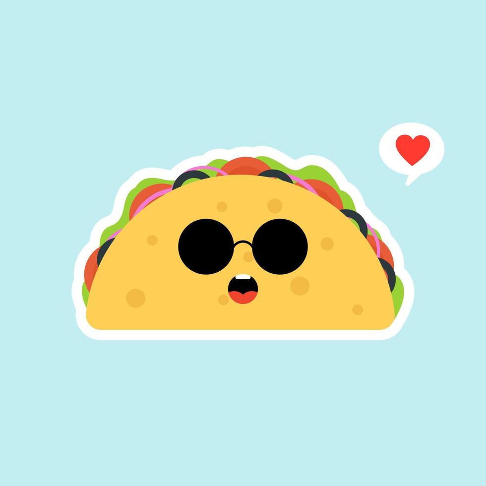Vector illustration with mexican tacos kawaii food. The tortilla is going to tacos. Cute cartoon illustration isolated on color background.
