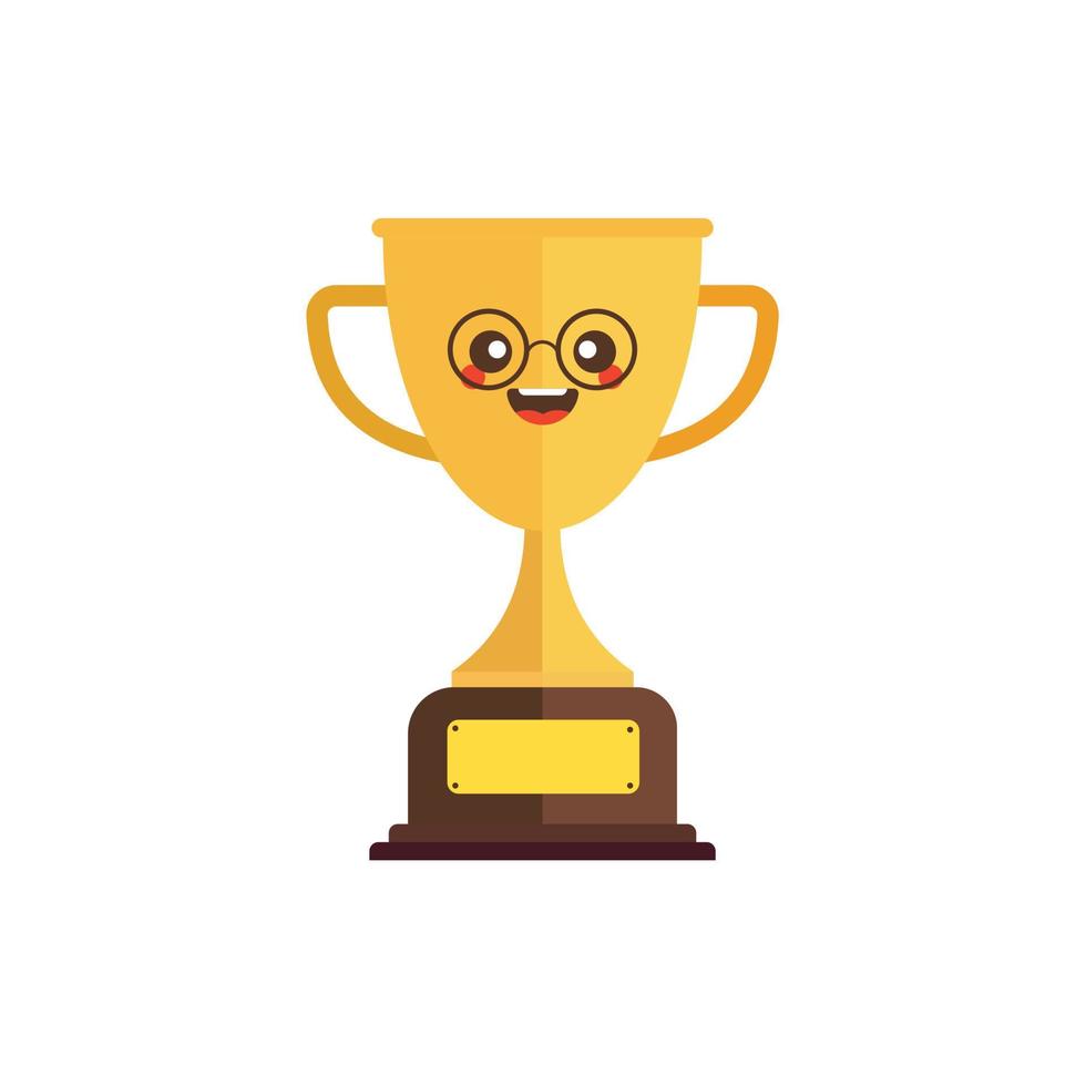 Kawaii and Cute Gold Trophy Vector Icon Illustration. Golden Goblet With Kawaii Face Sport Icon Concept White Isolated. Flat Cartoon Style Suitable for Web Landing Page, Banner, Sticker, Background