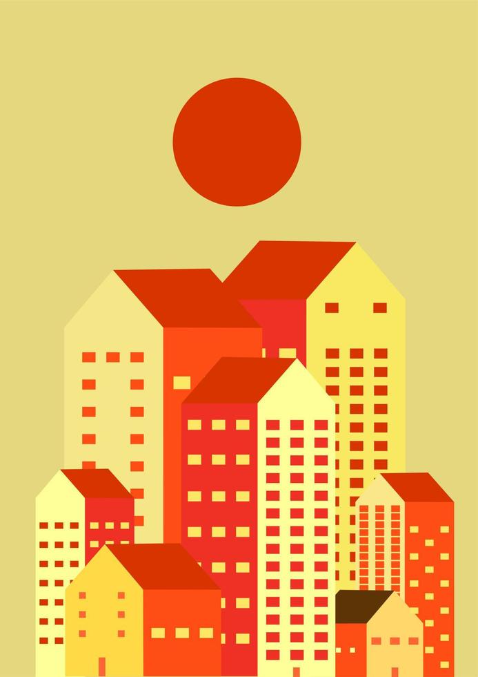 ilustración de vector de diseño plano de ciudad o paisaje urbano. escena sobre el edificio del paisaje urbano con sol por la tarde. papel pintado, ambiental, calentamiento global, problema de contaminación, térmica, cambio climático, póster
