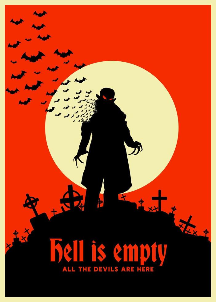 Dracula vintage poster on a cream with full moon. Vampire retro poster and background. Creepy silhouette of a vampire. Stock for the printed flyer, poster, halloween party, greeting card, background vector