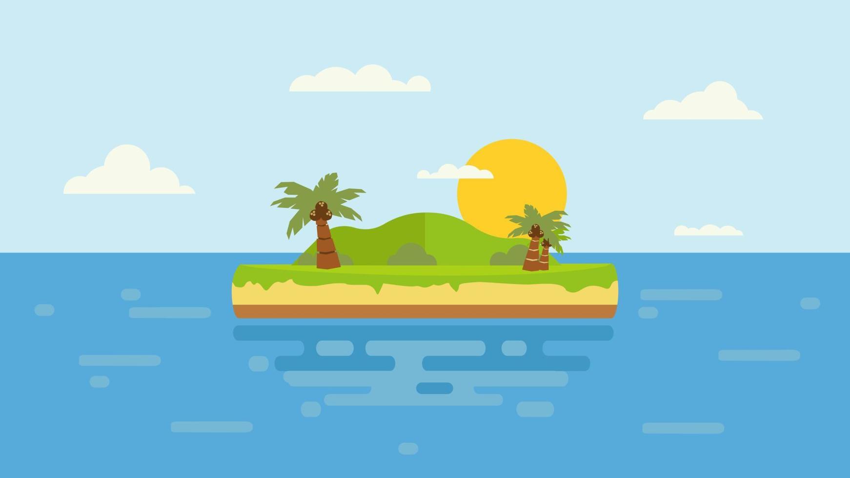 vista de dibujos animados de la isla en el mar con paisaje montañoso con sol amarillo con árboles en las colinas y nieve en los picos bajo un cielo azul con nubes ilustración vectorial de diseño plano vector