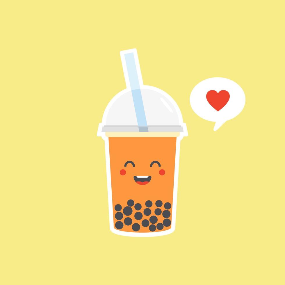 lindo té de leche con burbujas de boba con tapioca. té de leche de perlas, perlas negras deliciosas es famoso en Taiwán. bebida popular. boceto de ilustración vectorial. caricatura de personaje linda pegatina. emoji de dibujos animados kawaii. vector