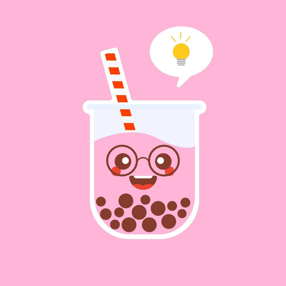 lindo té de leche con burbujas de boba con tapioca. té de leche de perlas, perlas negras deliciosas es famoso en Taiwán. bebida popular. boceto de ilustración vectorial. caricatura de personaje linda pegatina. emoji de dibujos animados kawaii. vector