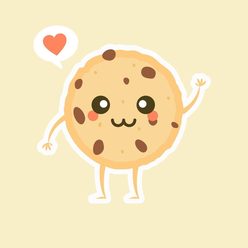 lindo personaje de galleta con chispas de chocolate de dibujos animados con cara divertida. Ilustración de vector de mascota de galleta feliz lindo aislado en blanco. concepto de diseño de menú para niños. Emoticon de comida de cara sonriente y sorprendida