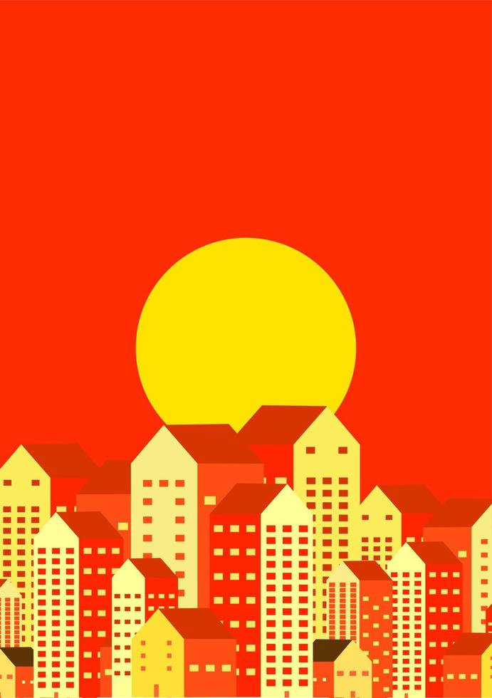 ilustración de vector de diseño plano de ciudad o paisaje urbano. escena sobre el edificio del paisaje urbano con sol por la tarde. papel pintado, ambiental, calentamiento global, problema de contaminación, térmica, cambio climático, póster