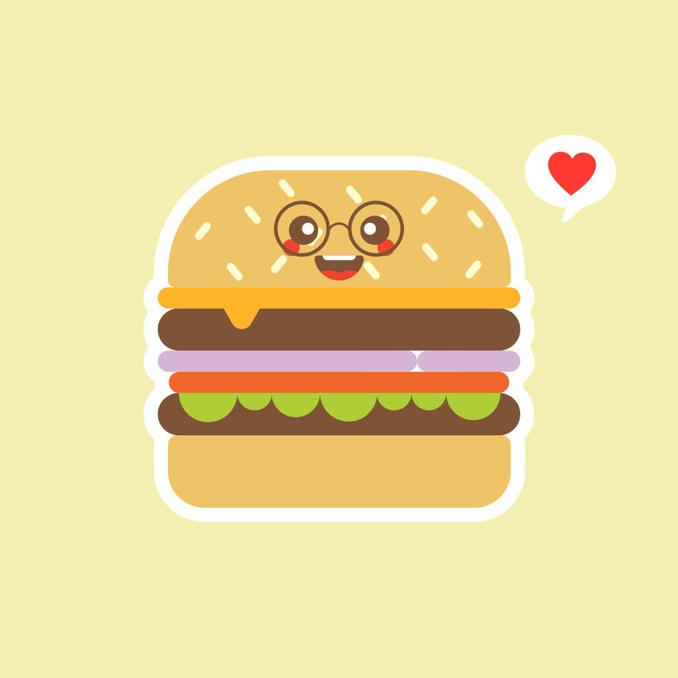 hamburguesa linda graciosa sonriente feliz. diseño de icono de ilustración de personaje de dibujos animados plano vectorial. aislado sobre fondo de color. café de comida rápida, comida chatarra, hamburguesa, restaurante, resto vector