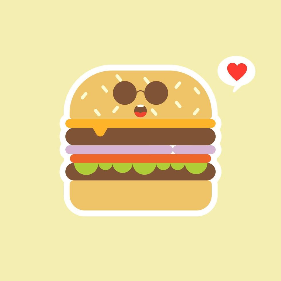 Happy smiling funny cute burger. Vector flat cartoon character illustration icon design. Isolated on color background. Burger, fast food cafe, junk food, restaurant, resto