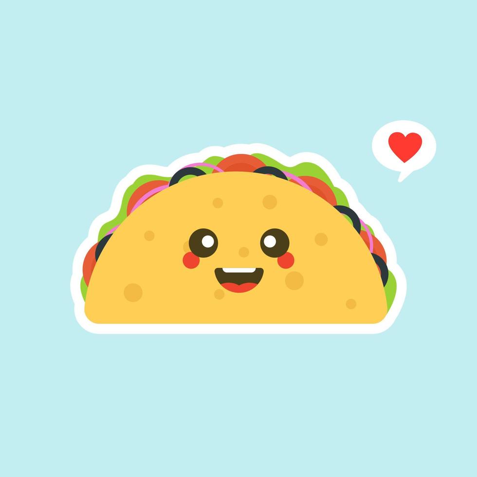 Vector illustration with mexican tacos kawaii food. The tortilla is going to tacos. Cute cartoon illustration isolated on color background.