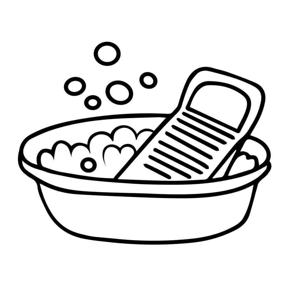 washing in basin, tank with soap foam and bubbles, and washing board by hand. in black and white, in scribbles. Big wash. Suitable for cleaning, housework. sign, badge, banner, tag, illustration. vector