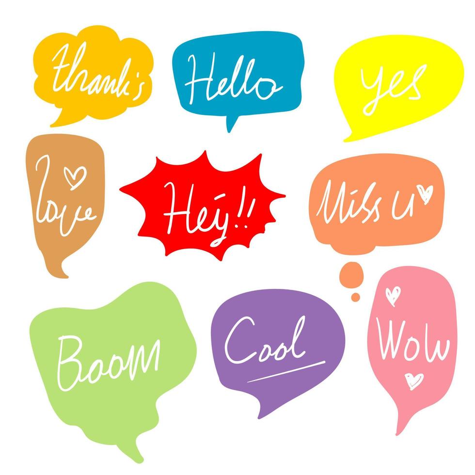 Set of Hand drawn speech bubbles with dialog words. Vector bubbles speech doodle.isolated background